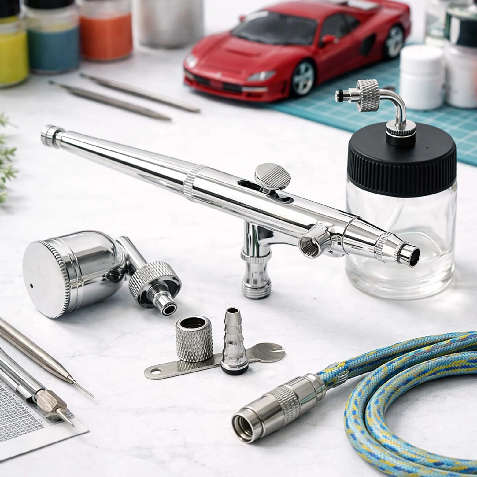 Wiltec Airbrush Pistole Typ 134 mit Double Action Funktion, Düse Ø 0,3 mm, 2 Farbbecher, Pipette, Adapter für Modellbau, Nailart usw.