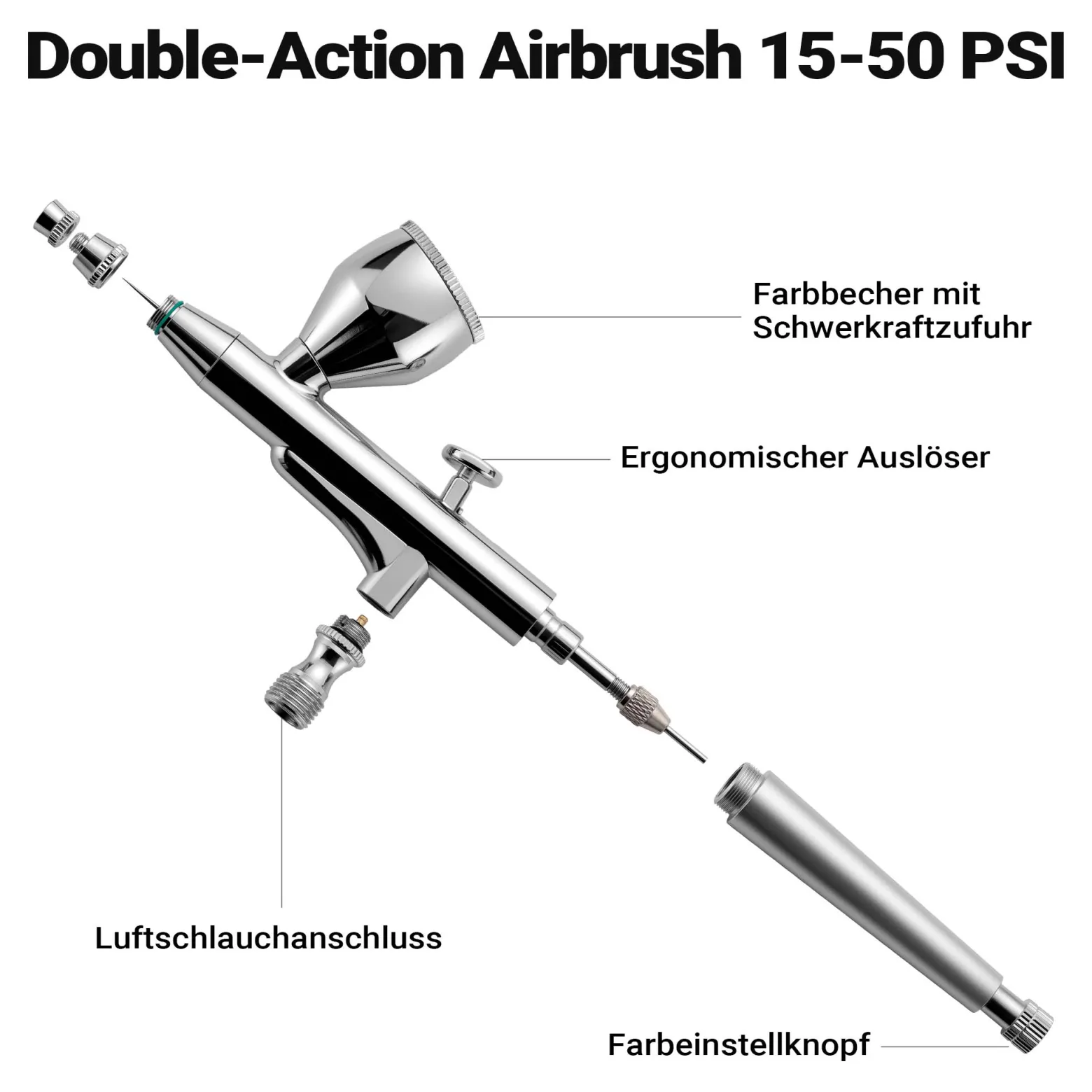 Wiltec Airbrush Pistole X501, Air Brush mit 0,3 mm Düse und Flüssigkeitsbecher 7 ml, 2 ml, präzise Airbrushpistole für Nägel, Tattoo, Modellbau