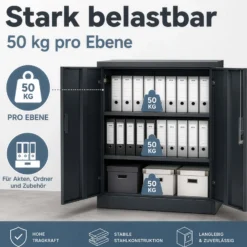 Wiltec Aktenschrank Stahl 80 x 40 x 92 cm anthrazit, abschließbarer Metallschrank mit 2 Einlegeböden, Büroschrank mit 50 kg Traglast je Ebene