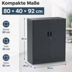 Wiltec Aktenschrank Stahl 80 x 40 x 92 cm anthrazit, abschließbarer Metallschrank mit 2 Einlegeböden, Büroschrank mit 50 kg Traglast je Ebene