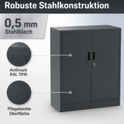 Wiltec Aktenschrank Stahl 80 x 40 x 92 cm anthrazit, abschließbarer Metallschrank mit 2 Einlegeböden, Büroschrank mit 50 kg Traglast je Ebene