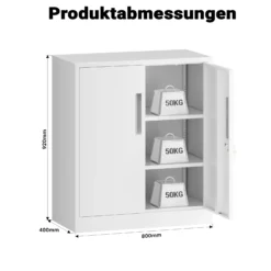 Wiltec Aktenschrank Stahl 80 x 40 x 92 cm weiß, abschließbarer Metallschrank mit 2 Einlegeböden, Büroschrank mit 50 kg Traglast je Ebene