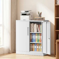 Wiltec Aktenschrank Stahl 80 x 40 x 92 cm weiß, abschließbarer Metallschrank mit 2 Einlegeböden, Büroschrank mit 50 kg Traglast je Ebene