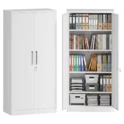 Wiltec Aktenschrank Stahl 78 x 39 x 170 cm weiß, abschließbarer Metallschrank mit 4 Einlegeböden, Büroschrank mit 50 kg Traglast je Ebene