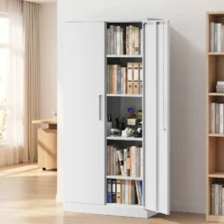 Wiltec Aktenschrank Stahl 78 x 39 x 170 cm weiß, abschließbarer Metallschrank mit 4 Einlegeböden, Büroschrank mit 50 kg Traglast je Ebene