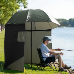 Wiltec Angelschirm 250cm mit Seitenwand und zwei Sichtfenstern Schirmzelt als Windschutz beim Angeln Regenschirm Angel Schirm Zelt Sonnenschirm
