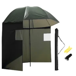Wiltec Angelschirm 250cm mit Seitenwand und zwei Sichtfenstern Schirmzelt als Windschutz beim Angeln Regenschirm Angel Schirm Zelt Sonnenschirm