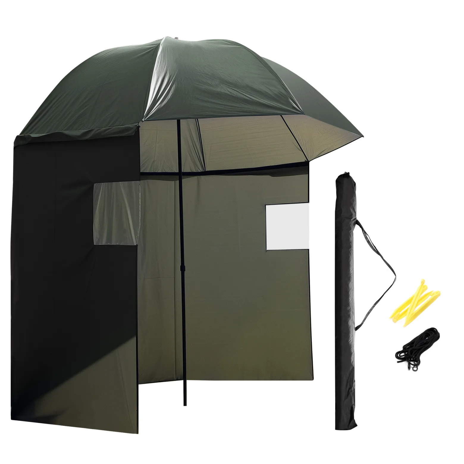 Wiltec Angelschirm 250cm mit Seitenwand und zwei Sichtfenstern Schirmzelt als Windschutz beim Angeln Regenschirm Angel Schirm Zelt Sonnenschirm
