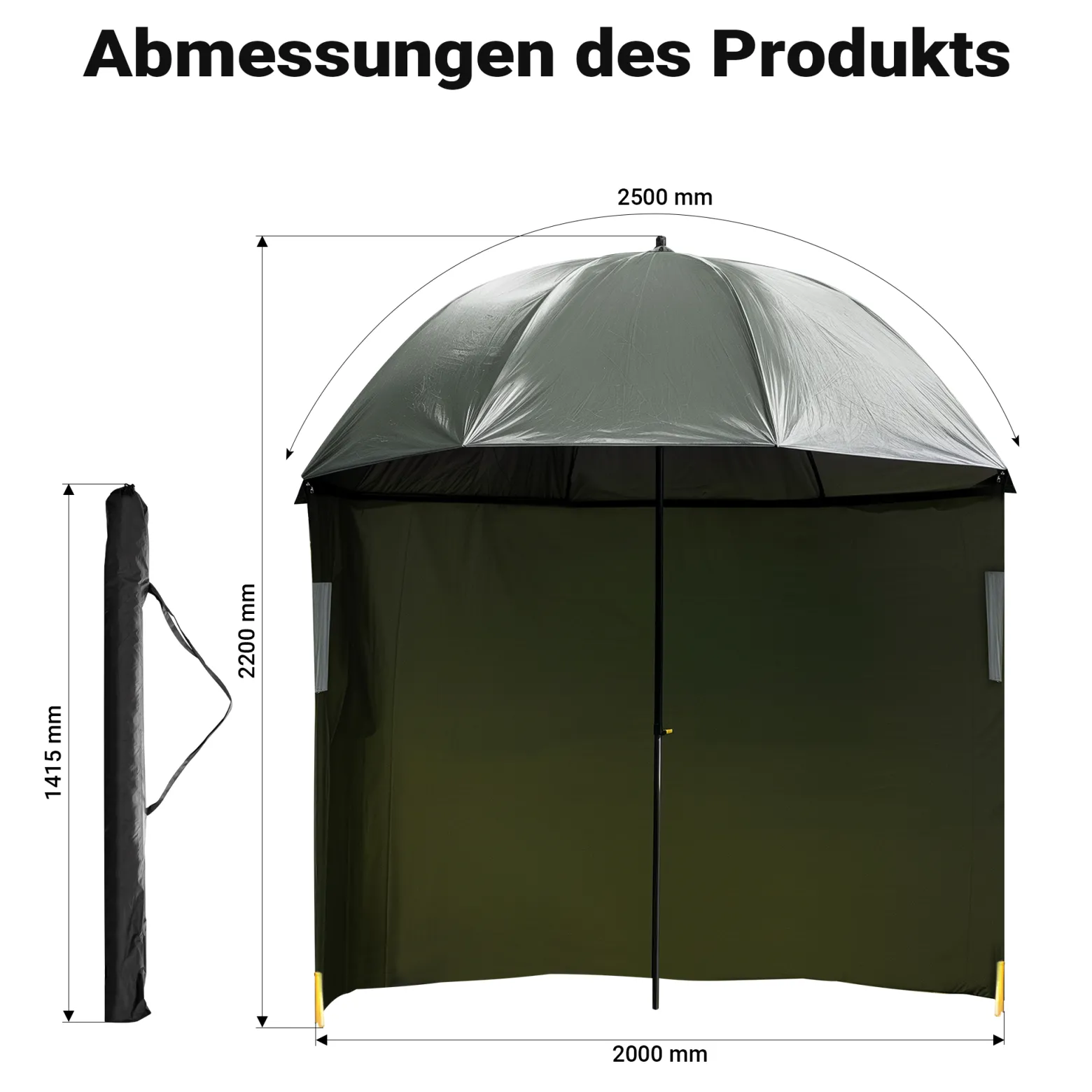 Wiltec Angelschirm 250cm mit Seitenwand und zwei Sichtfenstern Schirmzelt als Windschutz beim Angeln Regenschirm Angel Schirm Zelt Sonnenschirm