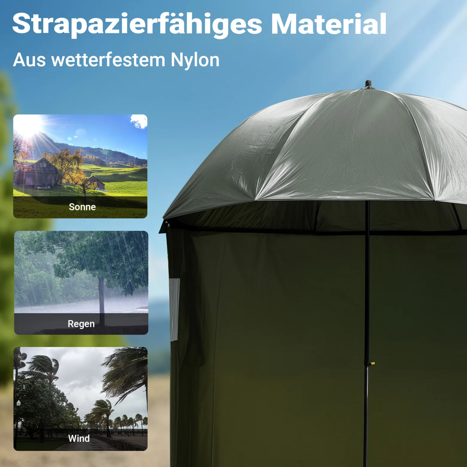 Wiltec Angelschirm 250cm mit Seitenwand und zwei Sichtfenstern Schirmzelt als Windschutz beim Angeln Regenschirm Angel Schirm Zelt Sonnenschirm