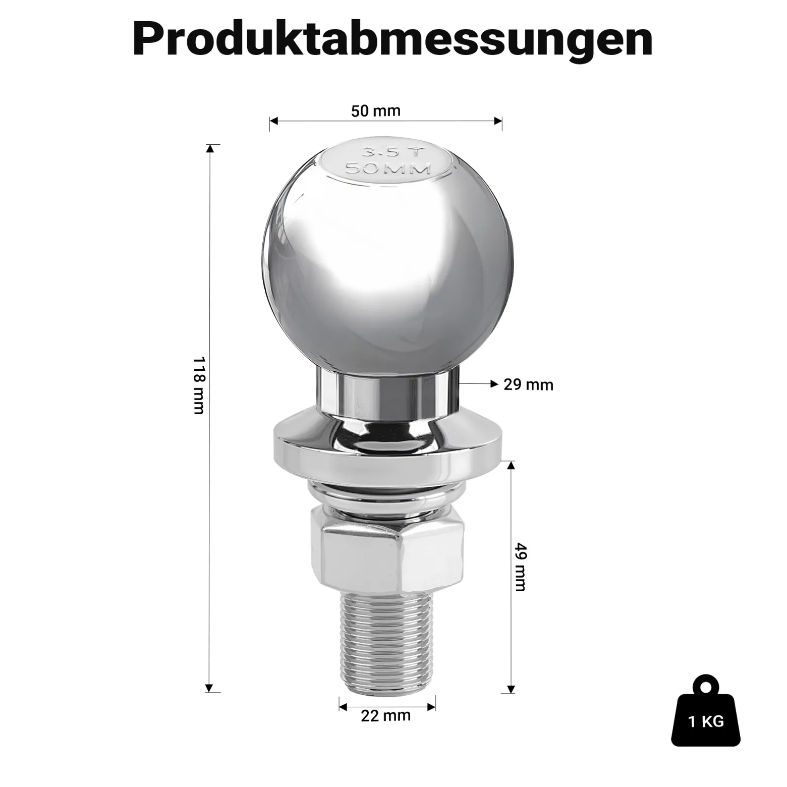 Wiltec Anhängerkupplungskugel 50 mm 3,5 t aus Carbonstahl gerader Kugelkopf 50/22 mm für Anhängerkupplung