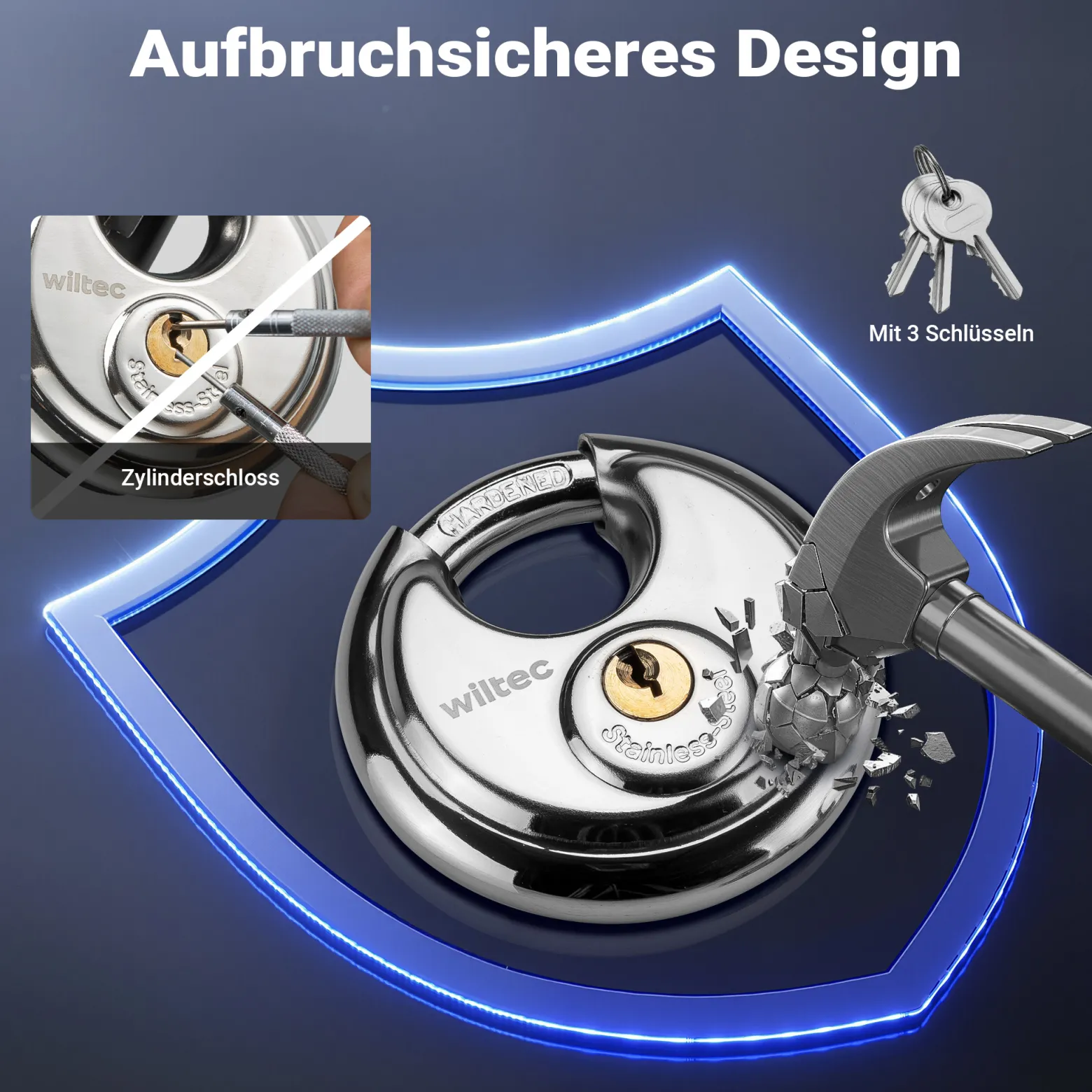 Wiltec Anhängerschloss mit Stecksystem 70 mm Vorhängeschloss, Diebstahlsicherung aus Stahl für Anhänger