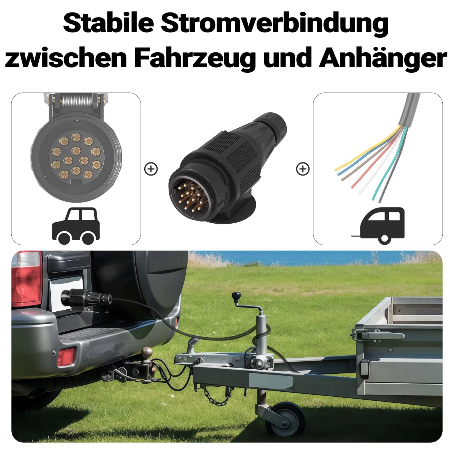 Wiltec Anhänger Stecker 13-polig 12V, Nylon Adapter für PKW Anhänger, Anhängerkupplung Steckanschluss, Anhängersteckdose