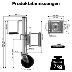 Wiltec Anhänger Stützrad bis 450 kg mit 254 mm Hubhöhe, Anhängerstütze aus verzinktem Stahl