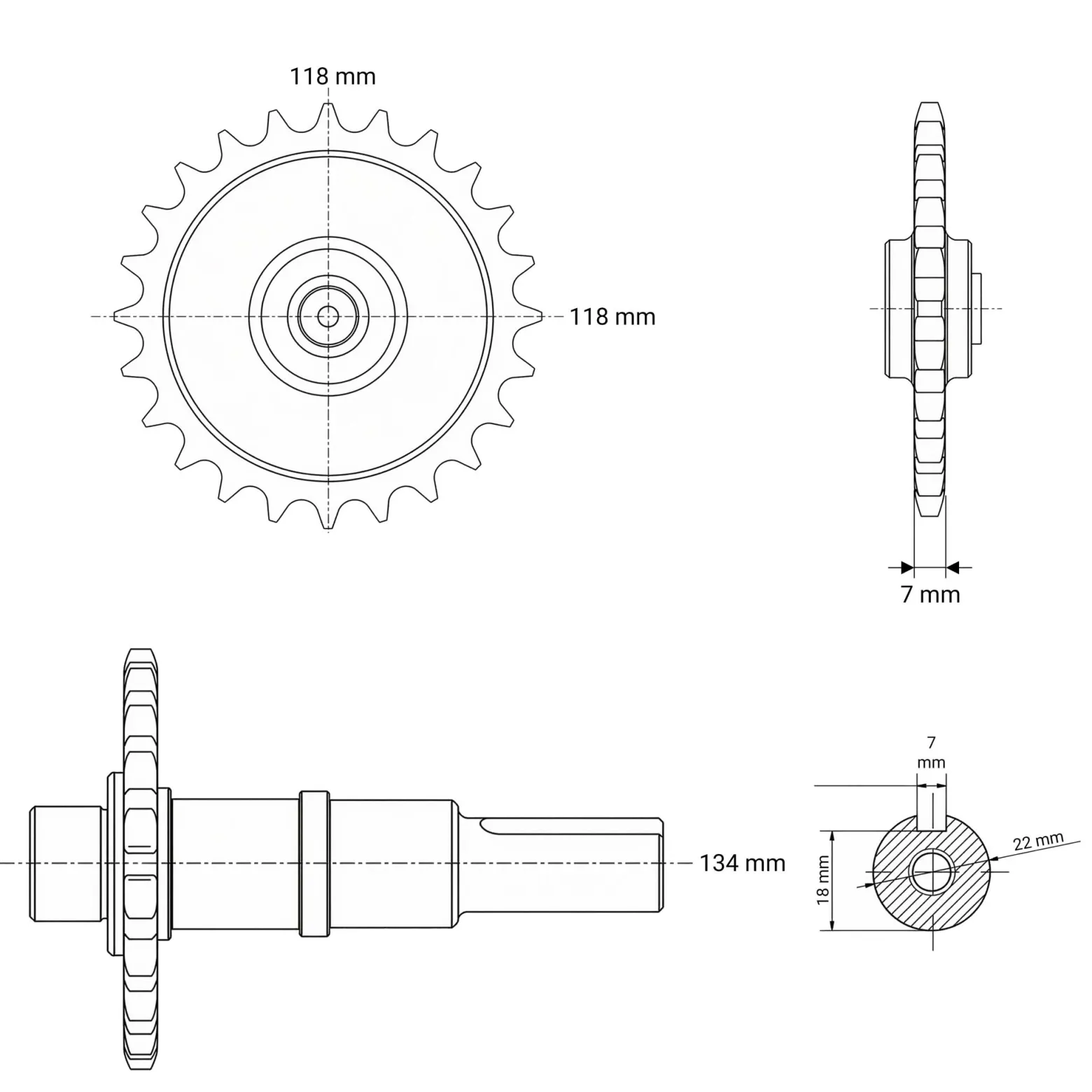 Wiltec Antriebswelle 22 mm 28T für LIFAN 6,5-13 PS Motor – Benzinmotor Ersatzteil für Ölbadkupplung – Einzylinder für Kleinmaschinen & Karts, 4-Takt Motor & OHV Ventilsteuerung