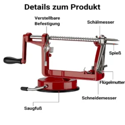 Wiltec Apfelschäler 3 in 1 mit Stahlklingen, Apfelschälmaschine 30 x 10 x 13 cm, Schäler, Entkerner und Schneider, multifunktionale Schälmaschine für Obst und Gemüse, Apfelentkerner und Apfelschneider