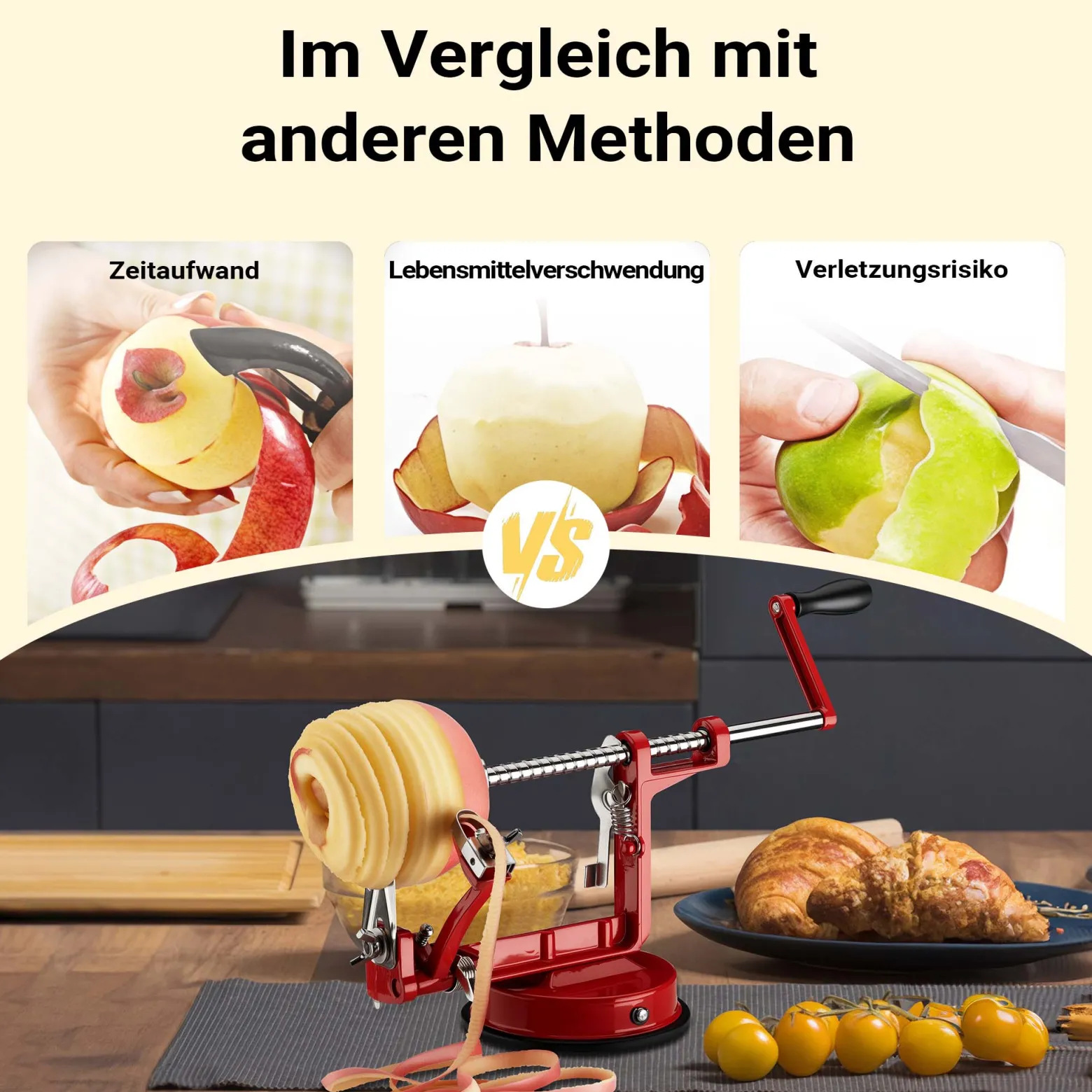 Wiltec Apfelschäler 3 in 1 mit Stahlklingen, Apfelschälmaschine 30 x 10 x 13 cm, Schäler, Entkerner und Schneider, multifunktionale Schälmaschine für Obst und Gemüse, Apfelentkerner und Apfelschneider