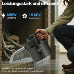 Wiltec Aschesauger 600 W, tragbarer Aschestaubsauger 4 l Fassungsvermögen, Staubsauger für Asche mit HEPA-Filter, effizienter Kaminsauger