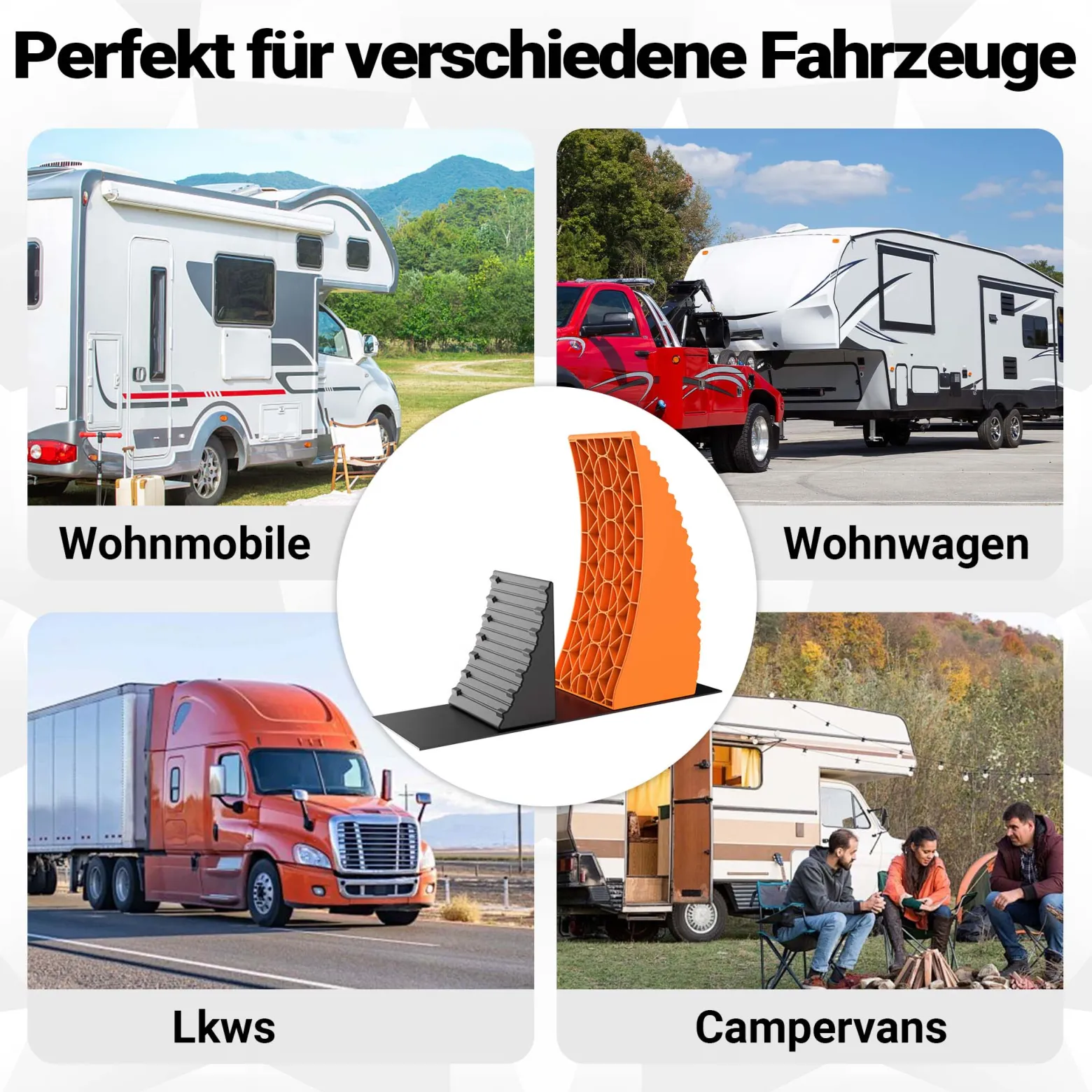 Wiltec Auffahrkeile für Wohnmobil 2er Set, Rundkeile 42,4 x 17 x 17,4 cm, Unterlegkeile 20,7 x 17 x 9,6 cm, Ausgleichskeile Wohnwagen aus HDPE, inkl. Gummimatte & Transporttasche