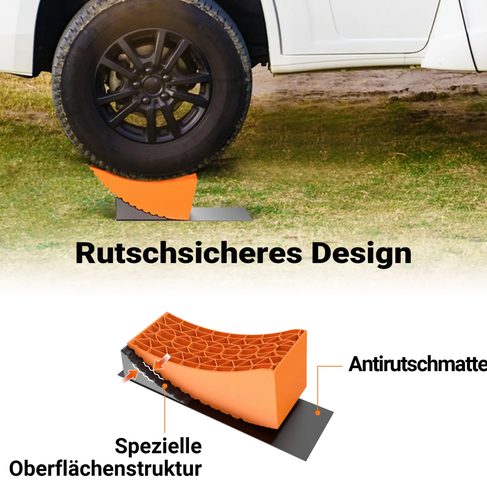 Wiltec Auffahrkeile für Wohnmobil 2er Set, Rundkeile 42,4 x 17 x 17,4 cm, Unterlegkeile 20,7 x 17 x 9,6 cm, Ausgleichskeile Wohnwagen aus HDPE, inkl. Gummimatte & Transporttasche