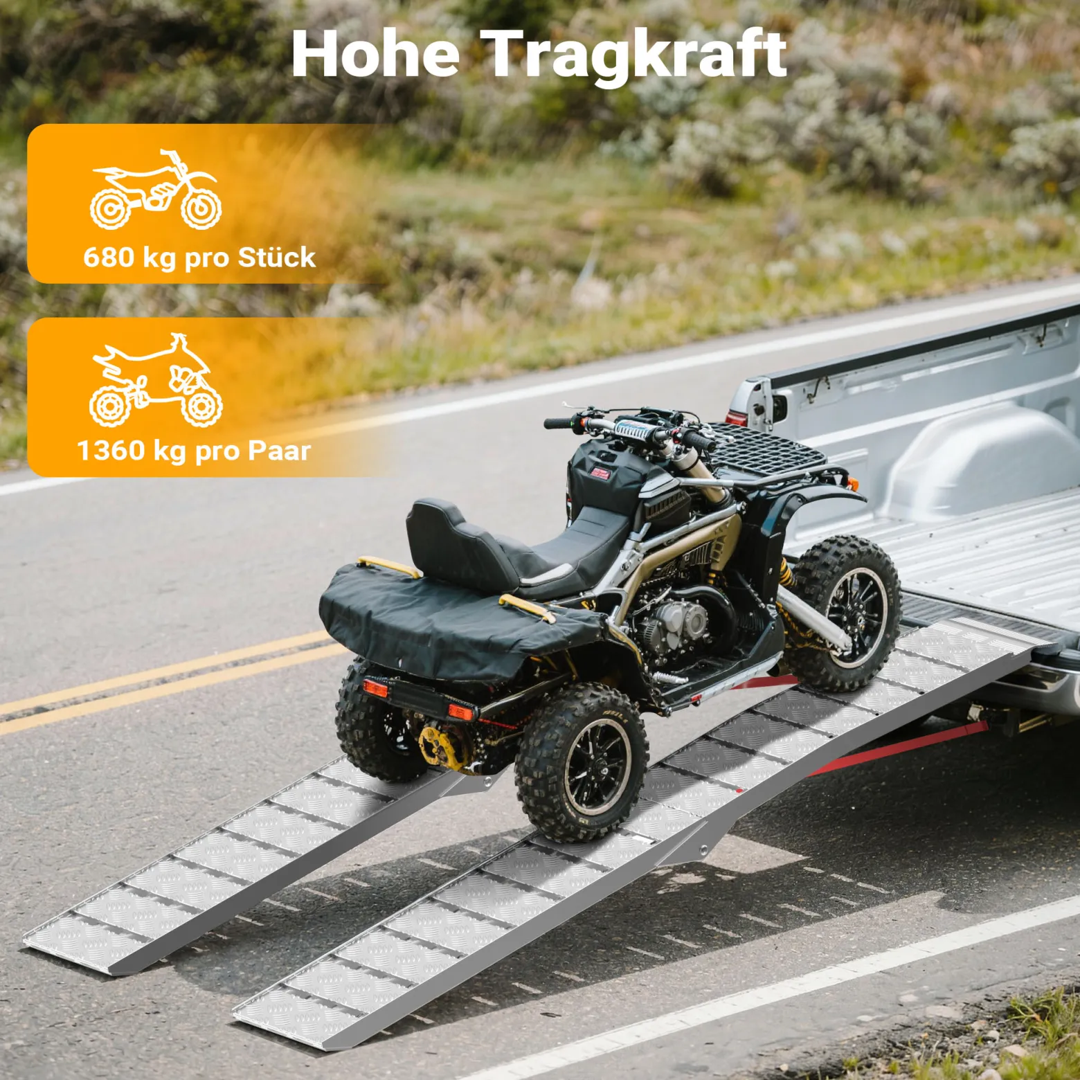 Wiltec Auffahrrampe 228 cm 680 kg für ATV Quad Motorrad, Aluminium Auffahrschiene faltbar, Verladerampe rutschsicher