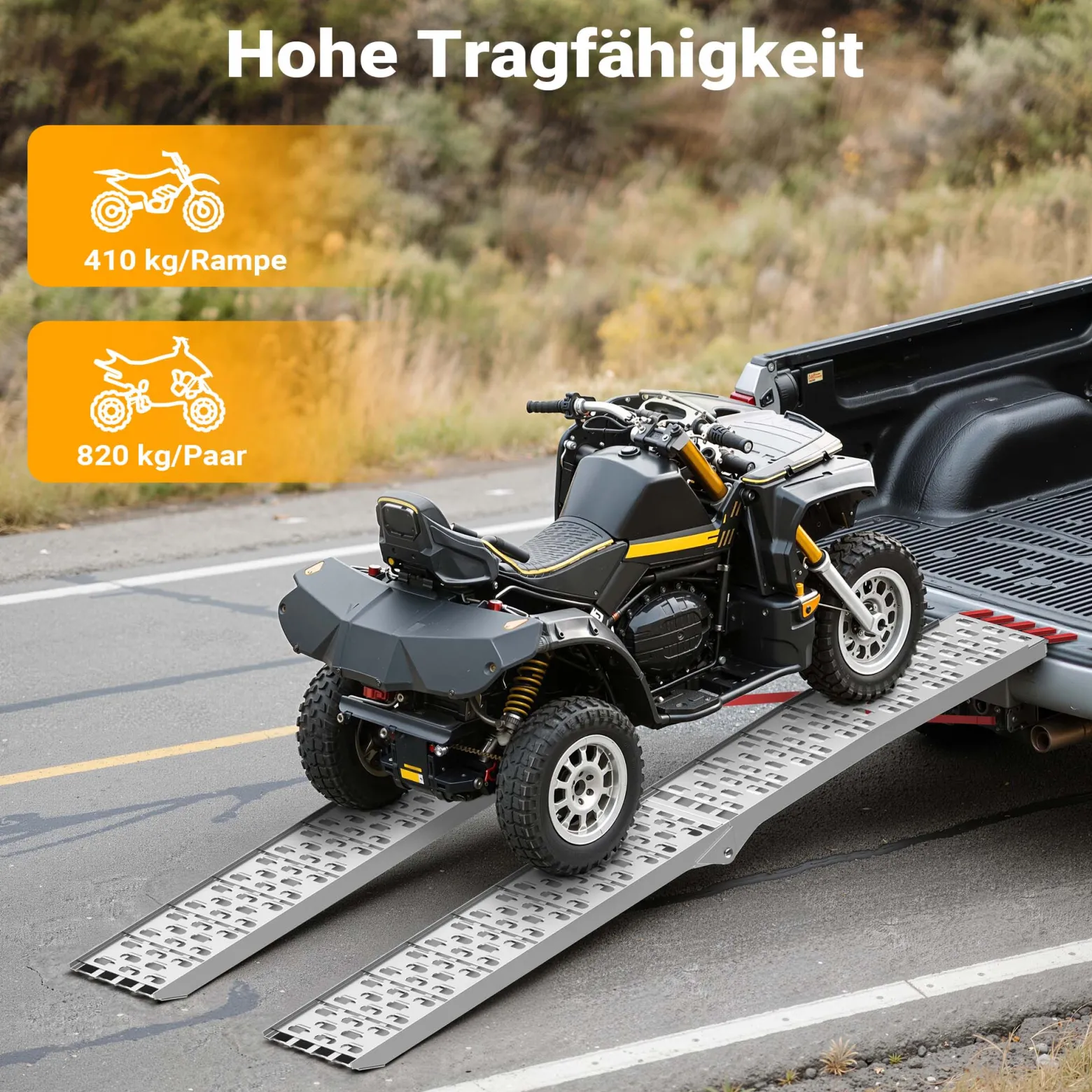Wiltec Auffahrrampe 226 cm 410 kg für ATV Quad Motorrad, Aluminium Auffahrschiene faltbar, Verladerampe rutschsicher