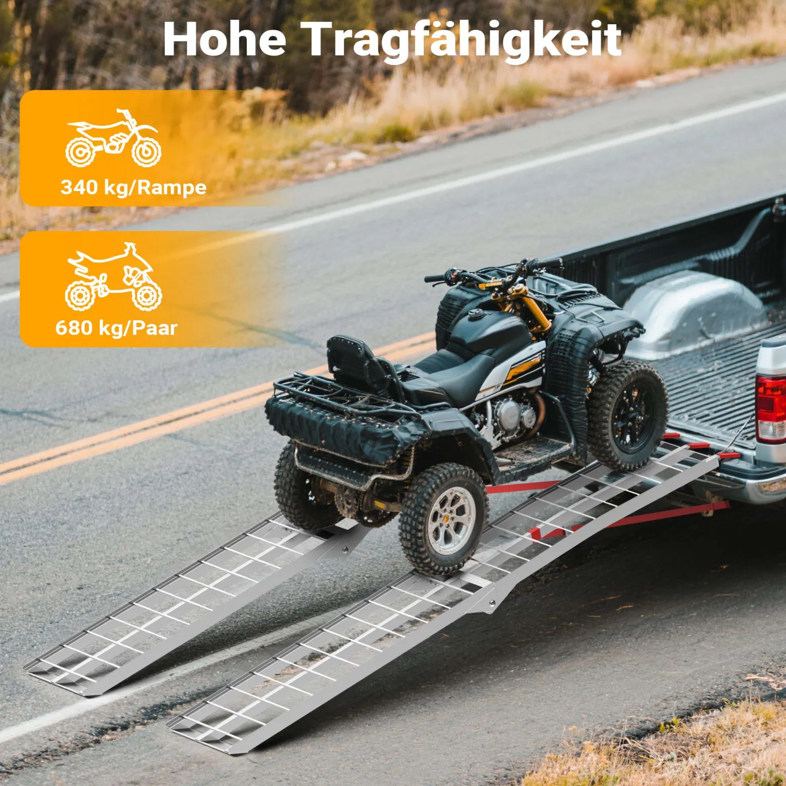Wiltec Auffahrrampe 226 cm 340 kg für ATV Quad Motorrad, Aluminium Auffahrschiene faltbar, Verladerampe rutschsicher