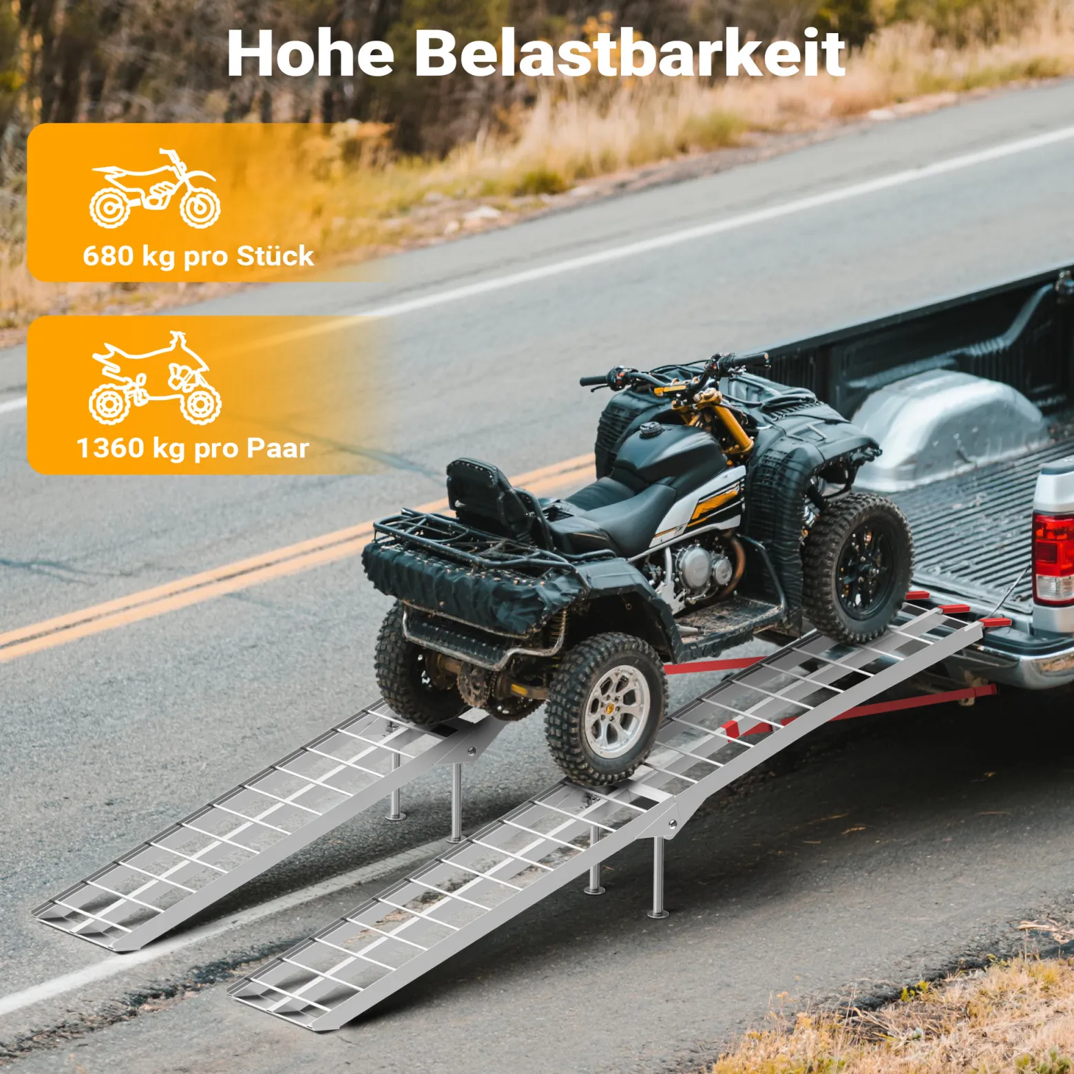 Wiltec Auffahrrampe 226 cm 680 kg für ATV Motorrad Quad, Aluminium Auffahrschiene faltbar, Verladerampe rutschsicher