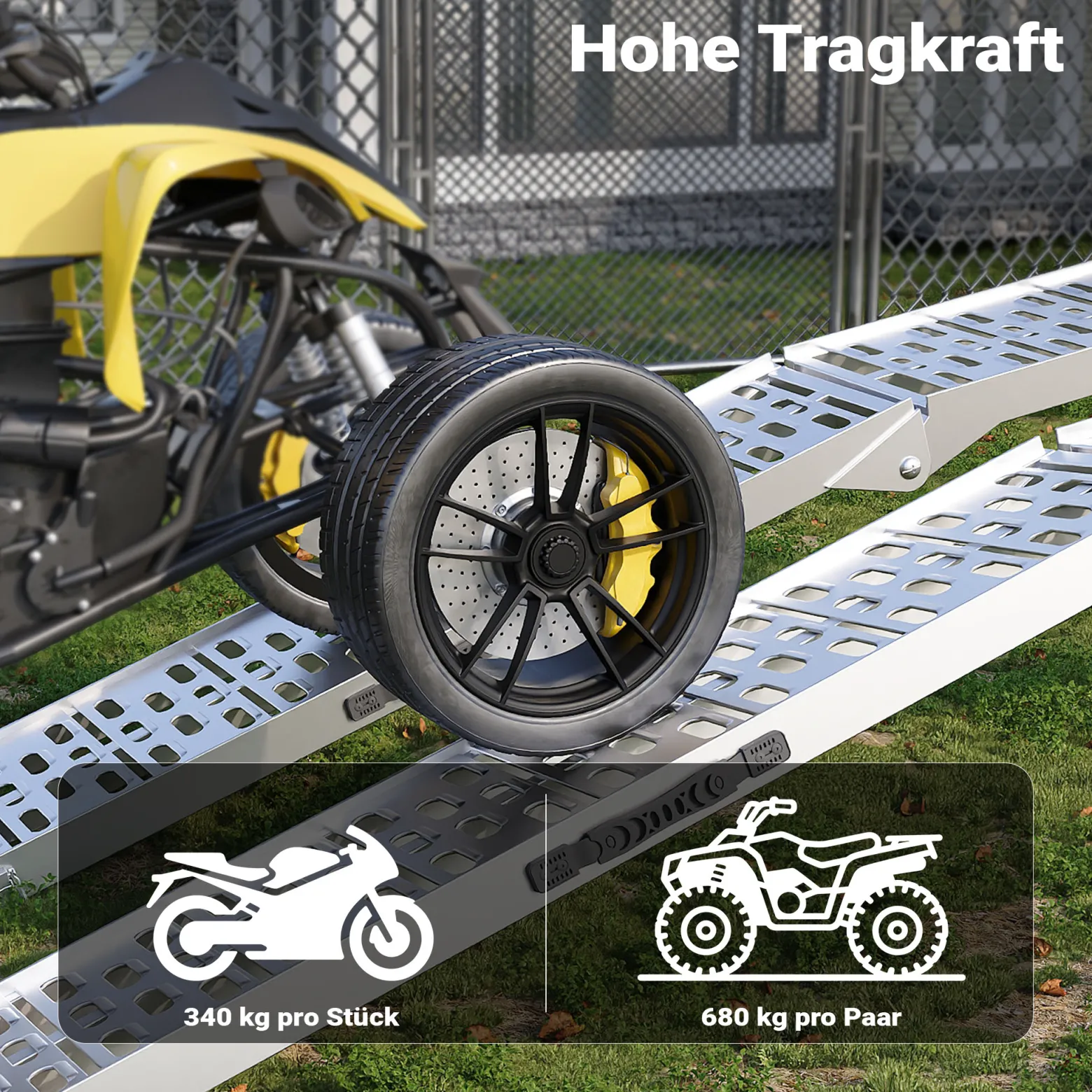 Wiltec Auffahrrampe 226 cm 340 kg für Motorrad ATV Quad, Aluminium Auffahrschiene faltbar, Verladerampe rutschsicher