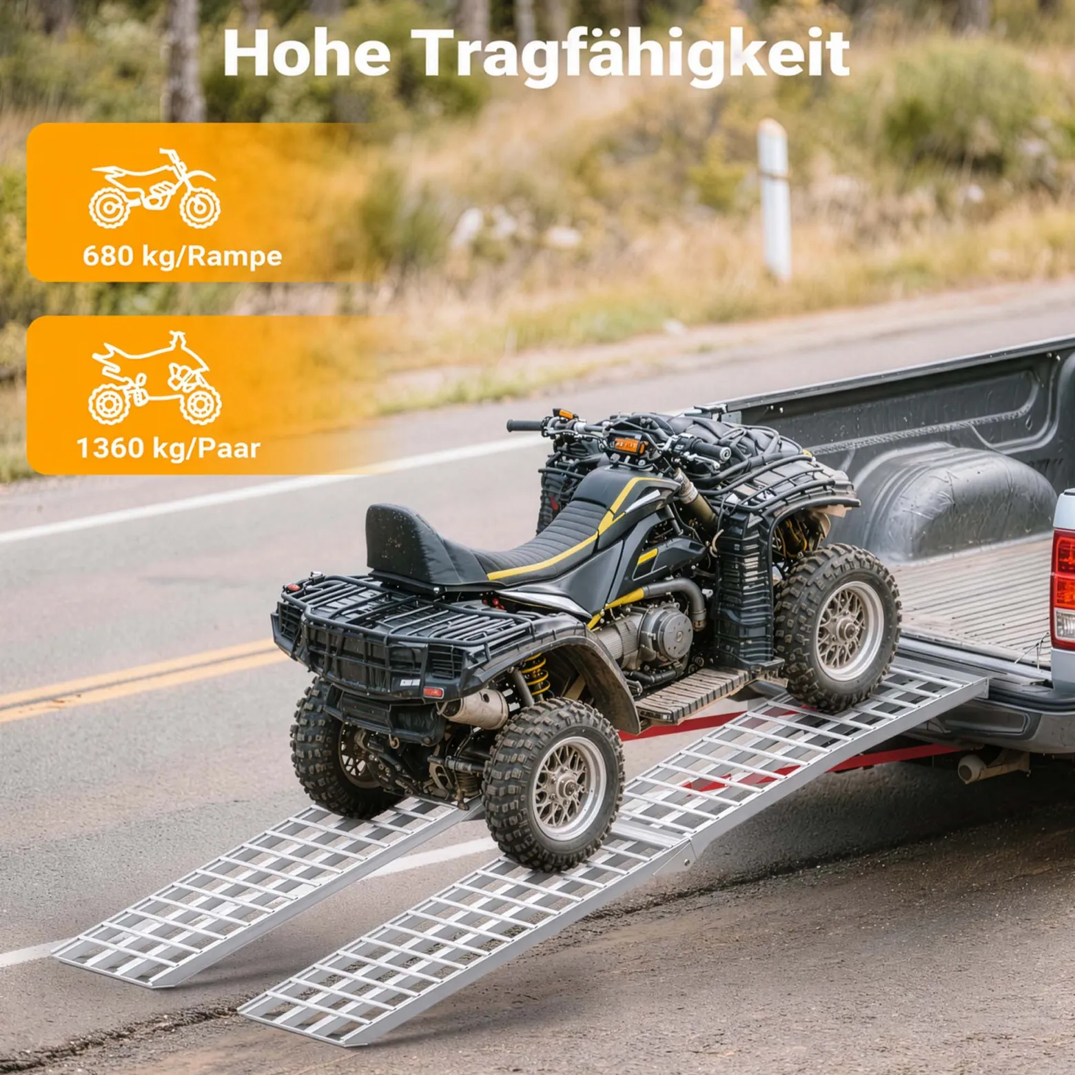 Wiltec Auffahrrampe 274 cm silberfarben 680 kg für ATV, Motorrad und Quad, Aluminium Auffahrschiene faltbar
