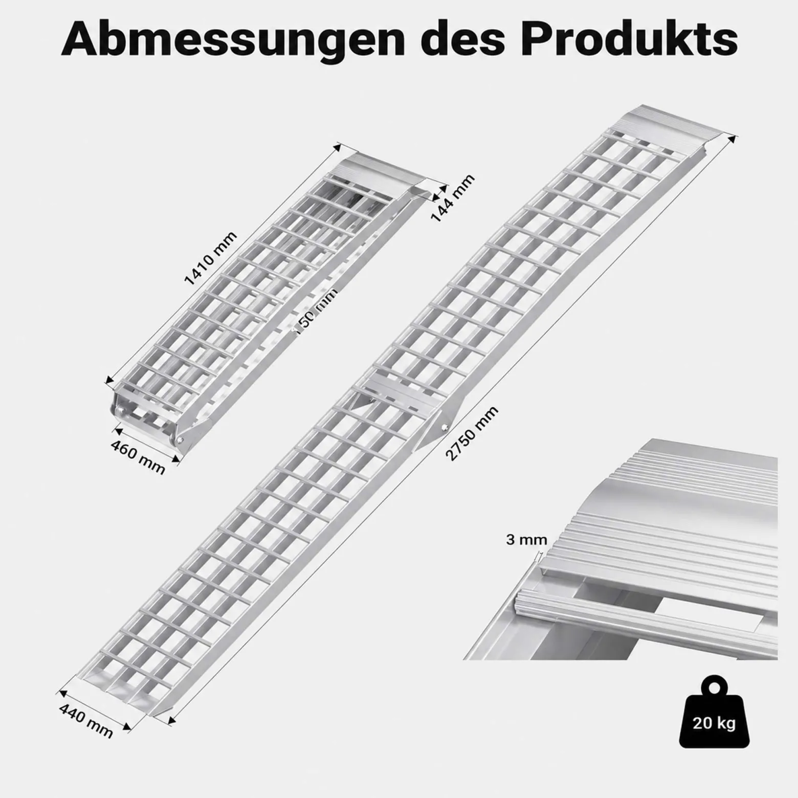 Wiltec Auffahrrampe 274 cm silberfarben 680 kg für ATV, Motorrad und Quad, Aluminium Auffahrschiene faltbar
