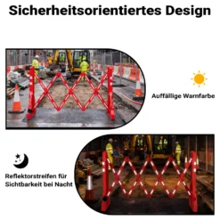 Wiltec ausziehbares Absperrgitter 200 cm aus Kunststoff, Scherengitter mit Reflektorband, Baustellenabsperrung befüllbar und faltbar, Absperrung für Verkehr