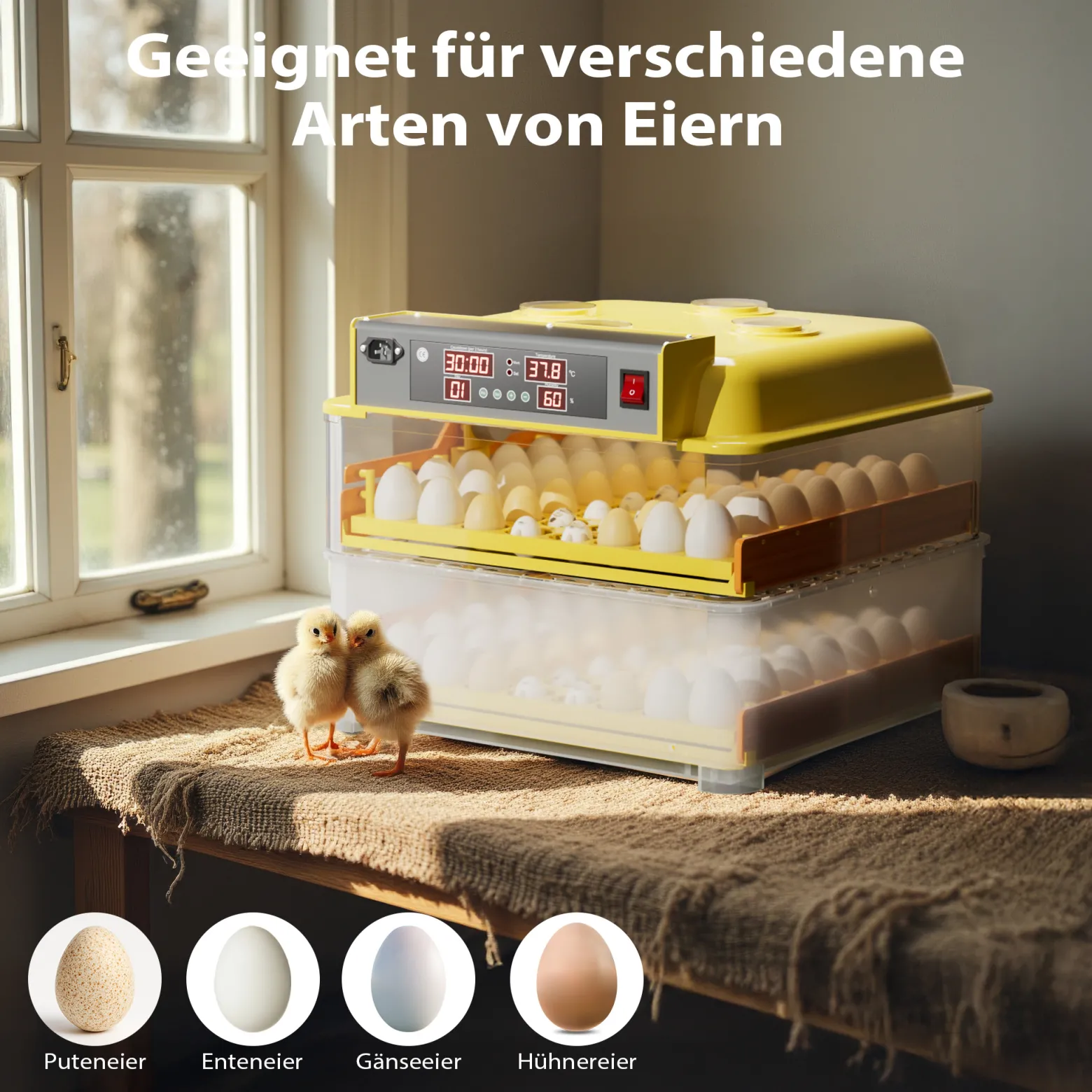 Wiltec Automatische Brutmaschine für 112 Eier, Inkubator mit vollautomatischem Wendesystem, Brutautomat mit Temperatursteuerung und Feuchtigskeitsregulierung, Brutkasten zum Eier ausbrüten