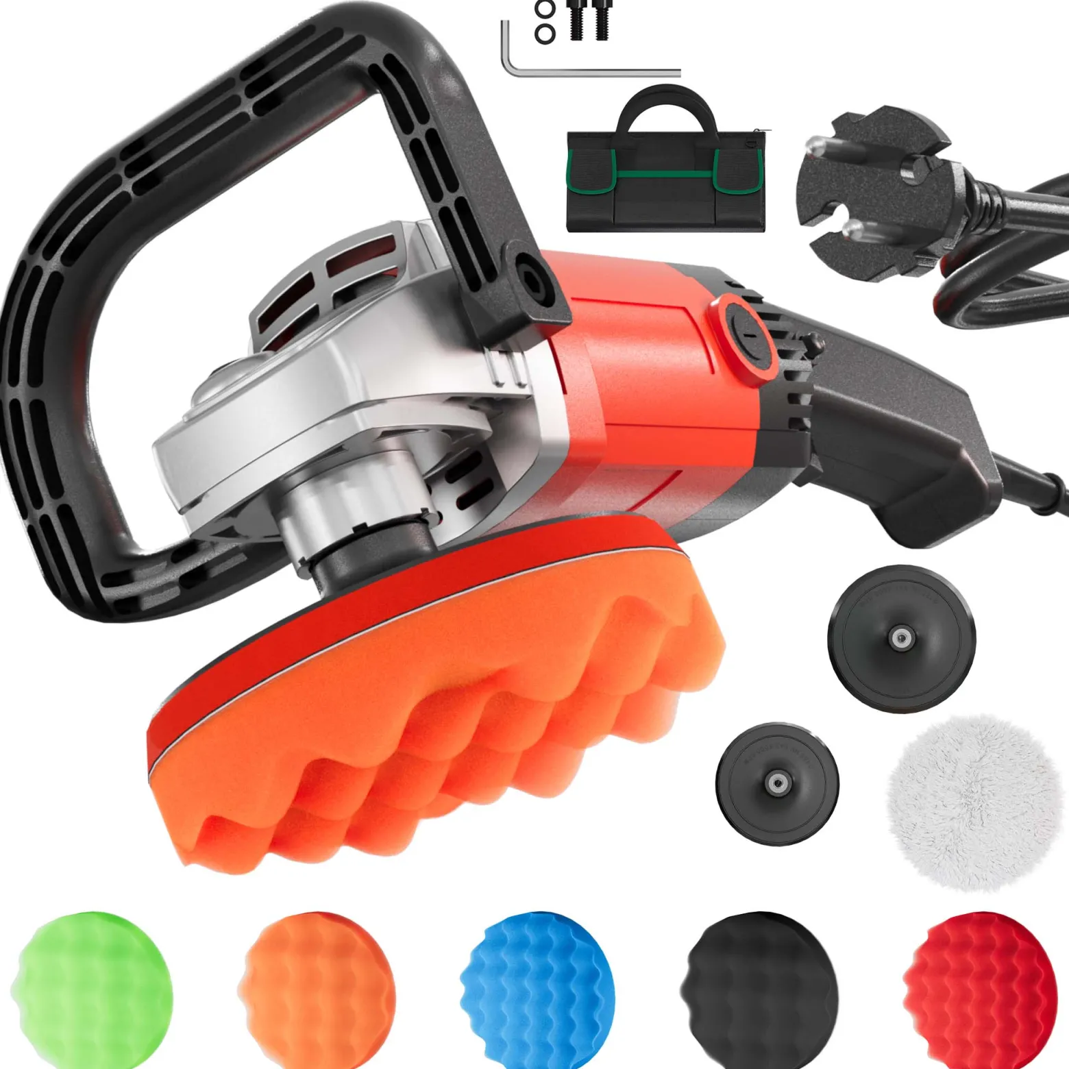 Wiltec Auto Poliermaschine Schleifmaschine 1200W bis 3000 U/min, Poliergerät mit 6 Stufen, mit Tasche und Zubehör, Tellerschleifer, Rotationsschleifer