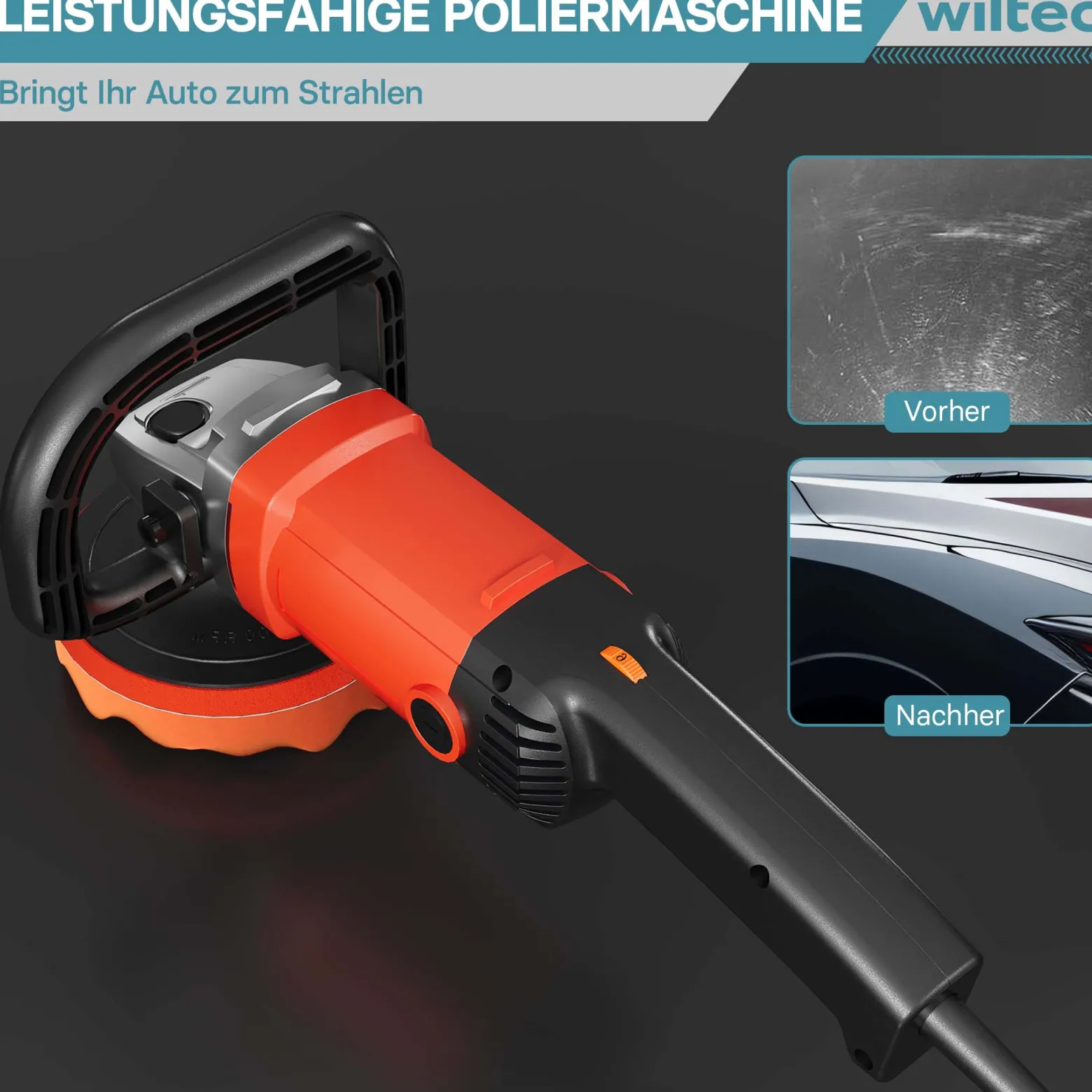Wiltec Auto Poliermaschine Schleifmaschine 1200W bis 3000 U/min, Poliergerät mit 6 Stufen, mit Tasche und Zubehör, Tellerschleifer, Rotationsschleifer