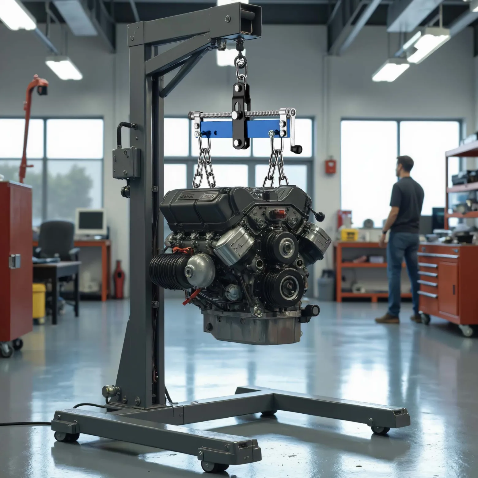 Wiltec Balancierer bis 680 kg, Getriebeheber aus Stahl, Motorheber mit einstellbarem Arbeitsbereich, Werkstattkran mit Kette und Sicherheitshaken