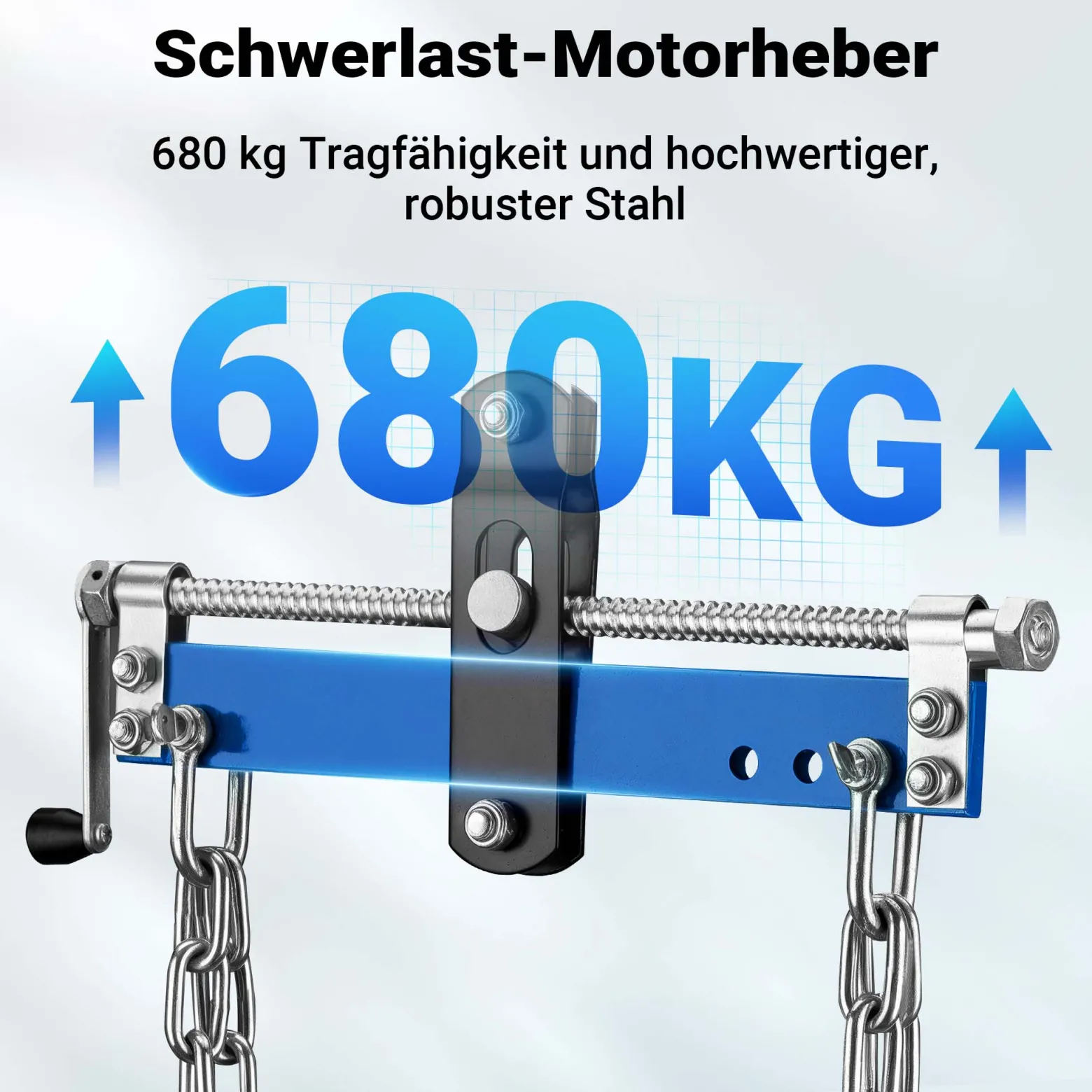Wiltec Balancierer bis 680 kg, Getriebeheber aus Stahl, Motorheber mit einstellbarem Arbeitsbereich, Werkstattkran mit Kette und Sicherheitshaken