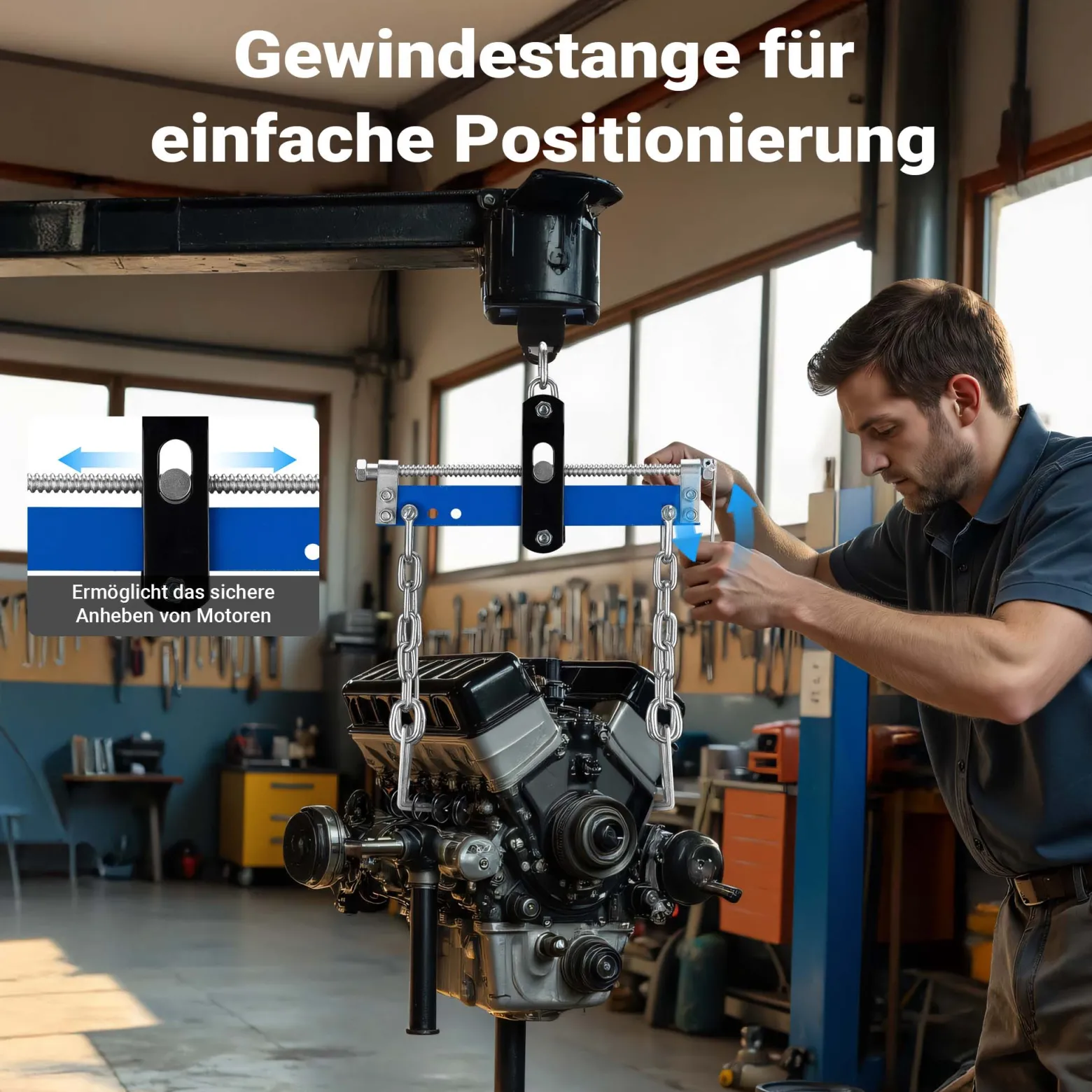 Wiltec Balancierer bis 680 kg, Getriebeheber aus Stahl, Motorheber mit einstellbarem Arbeitsbereich, Werkstattkran mit Kette und Sicherheitshaken