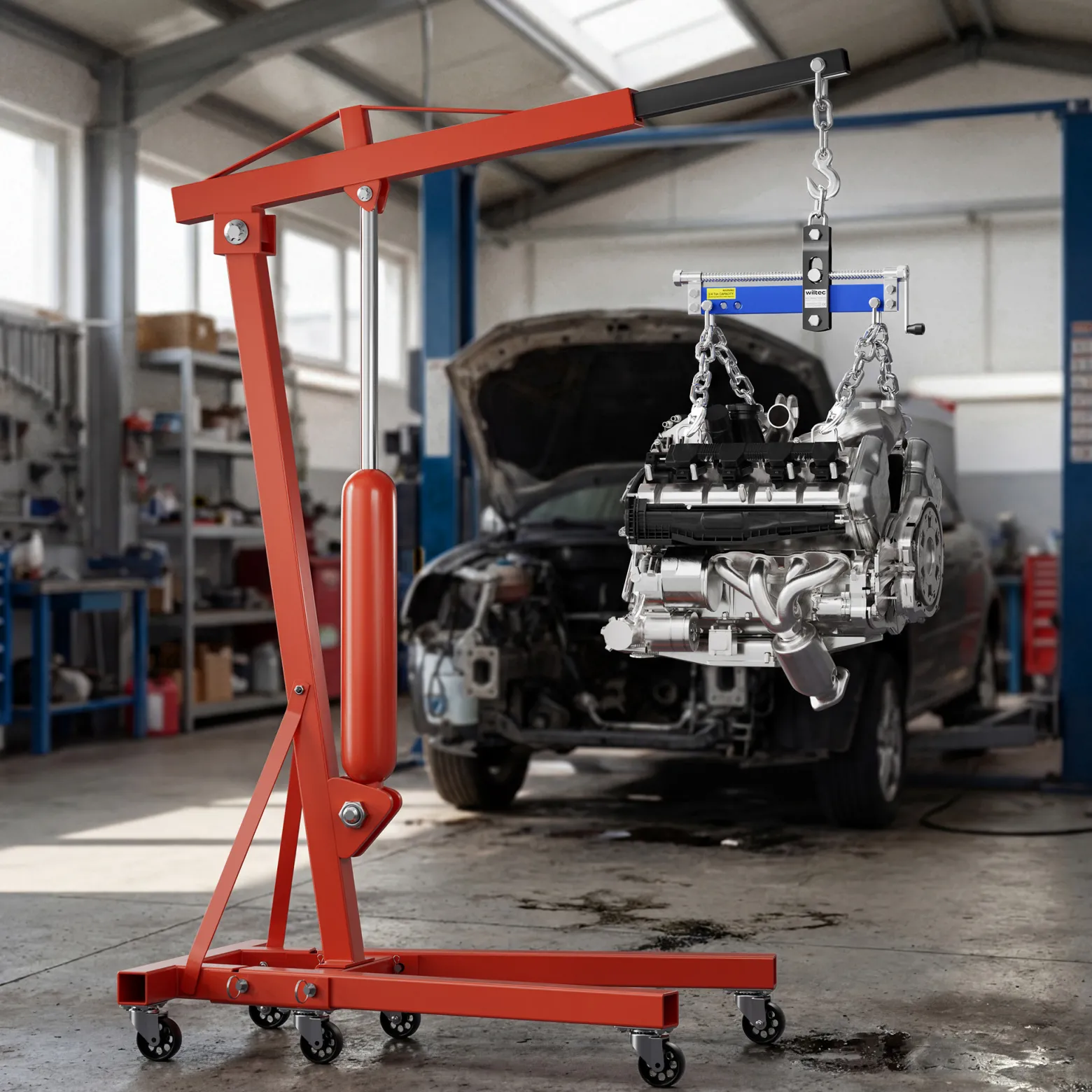 Wiltec Balancierer bis zu 750kg Positionierer für Werkstattkran als Kettenzug, Seilzug mit extra großen Befestigungsaugen Motorheber