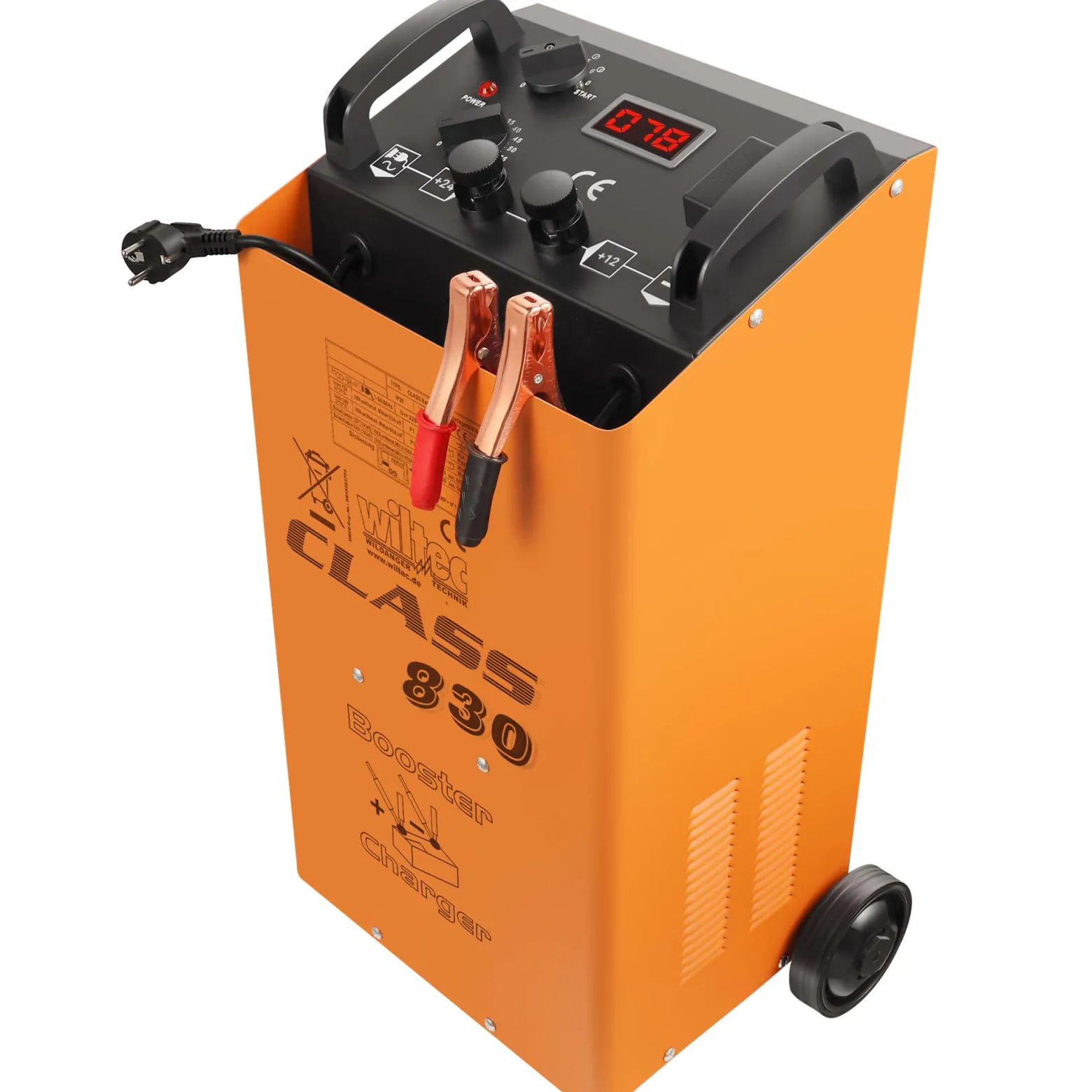 Wiltec Batterieladegerät Booster Class CD 830 12-24 V, mobiles Ladegerät mit Starthilfe für Auto, Motorrad und Lkw, Akkuladegerät mit Schnellladung