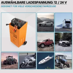 Wiltec Batterieladegerät 12V 24V 90A Batterie, Ladegerät und Starthilfe für Motorräder, Kfz, Lkw, Akkuladegerät Boost 630 mit Schnellladung
