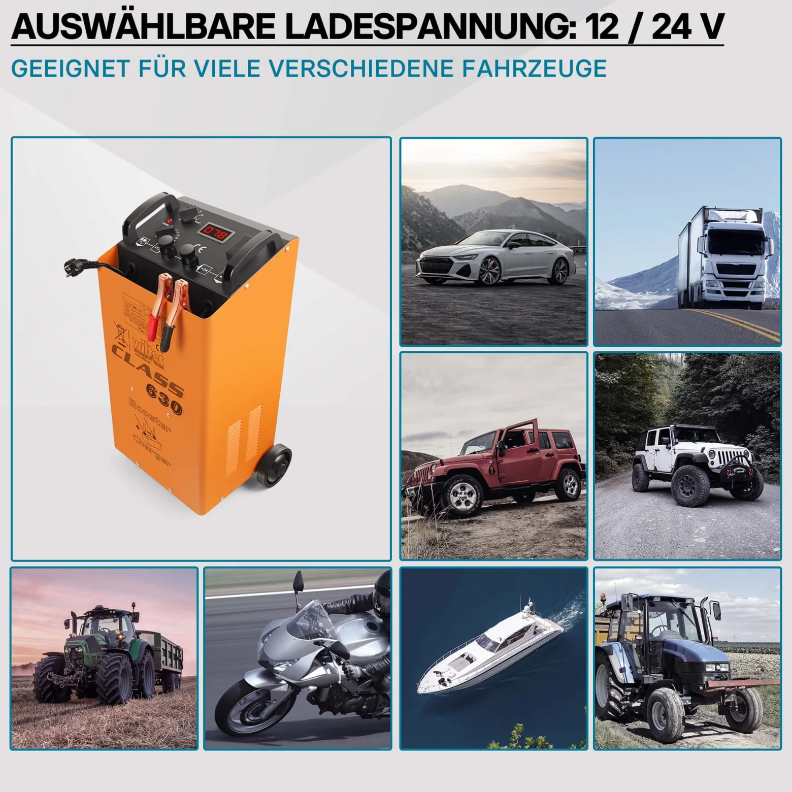 Wiltec Batterieladegerät 12V 24V 90A Batterie, Ladegerät und Starthilfe für Motorräder, Kfz, Lkw, Akkuladegerät Boost 630 mit Schnellladung
