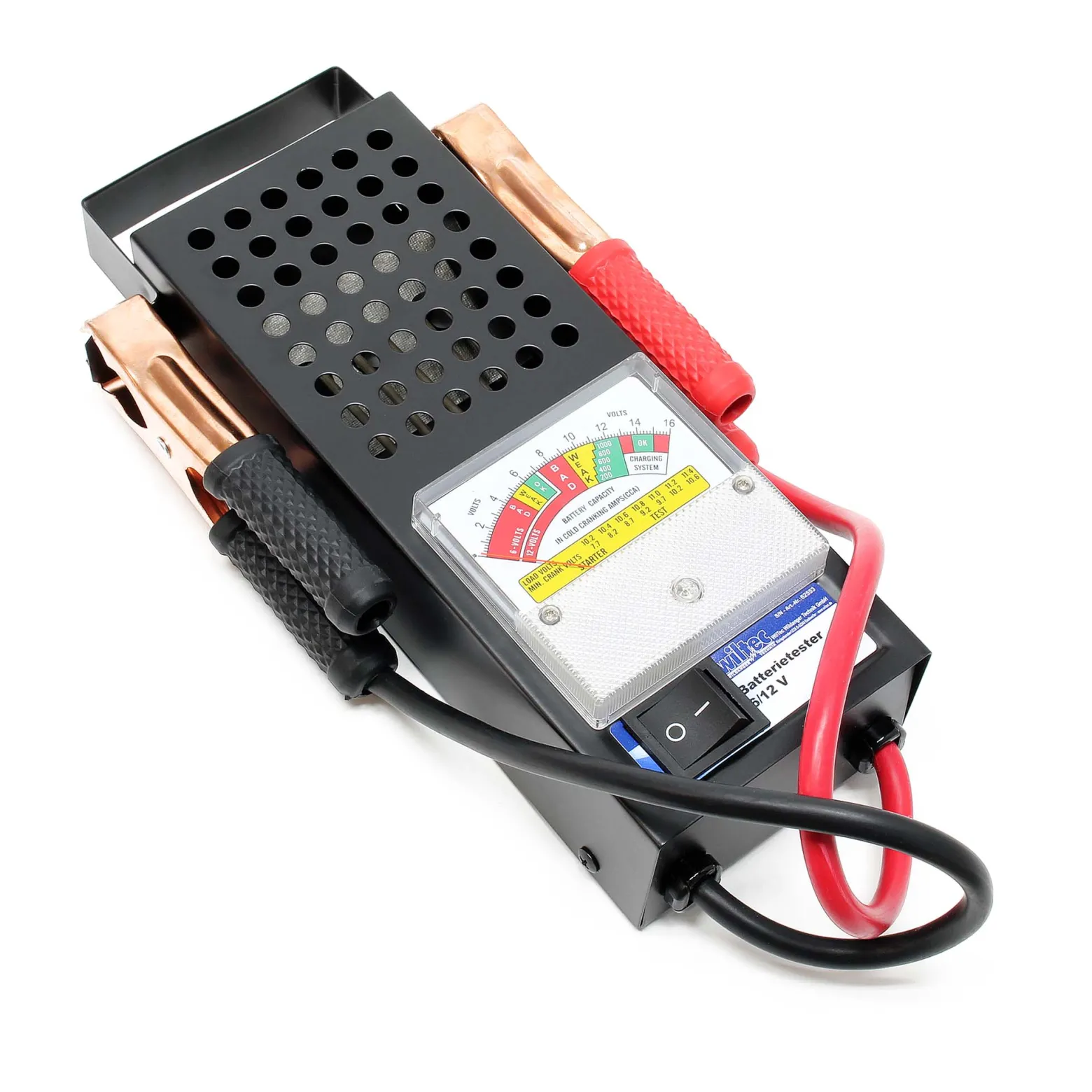 Wiltec Batterietester für 6V und 12V Batterien/Akkus, mit 2 Klemmzangen, justierbarer Skala, Batterieprüfer für Pkw Ladesystem, Lichtmaschine, Anlasser