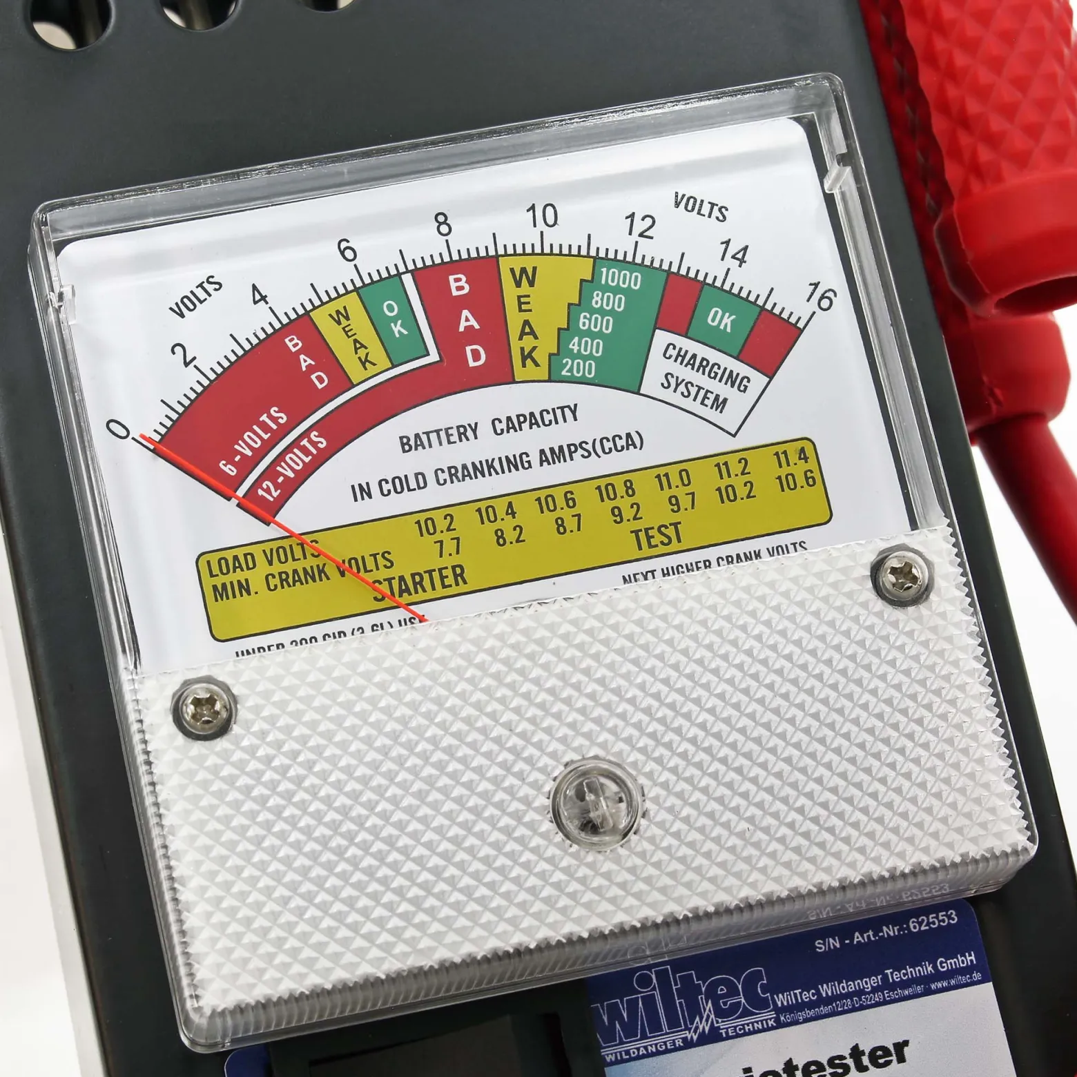Wiltec Batterietester für 6V und 12V Batterien/Akkus, mit 2 Klemmzangen, justierbarer Skala, Batterieprüfer für Pkw Ladesystem, Lichtmaschine, Anlasser