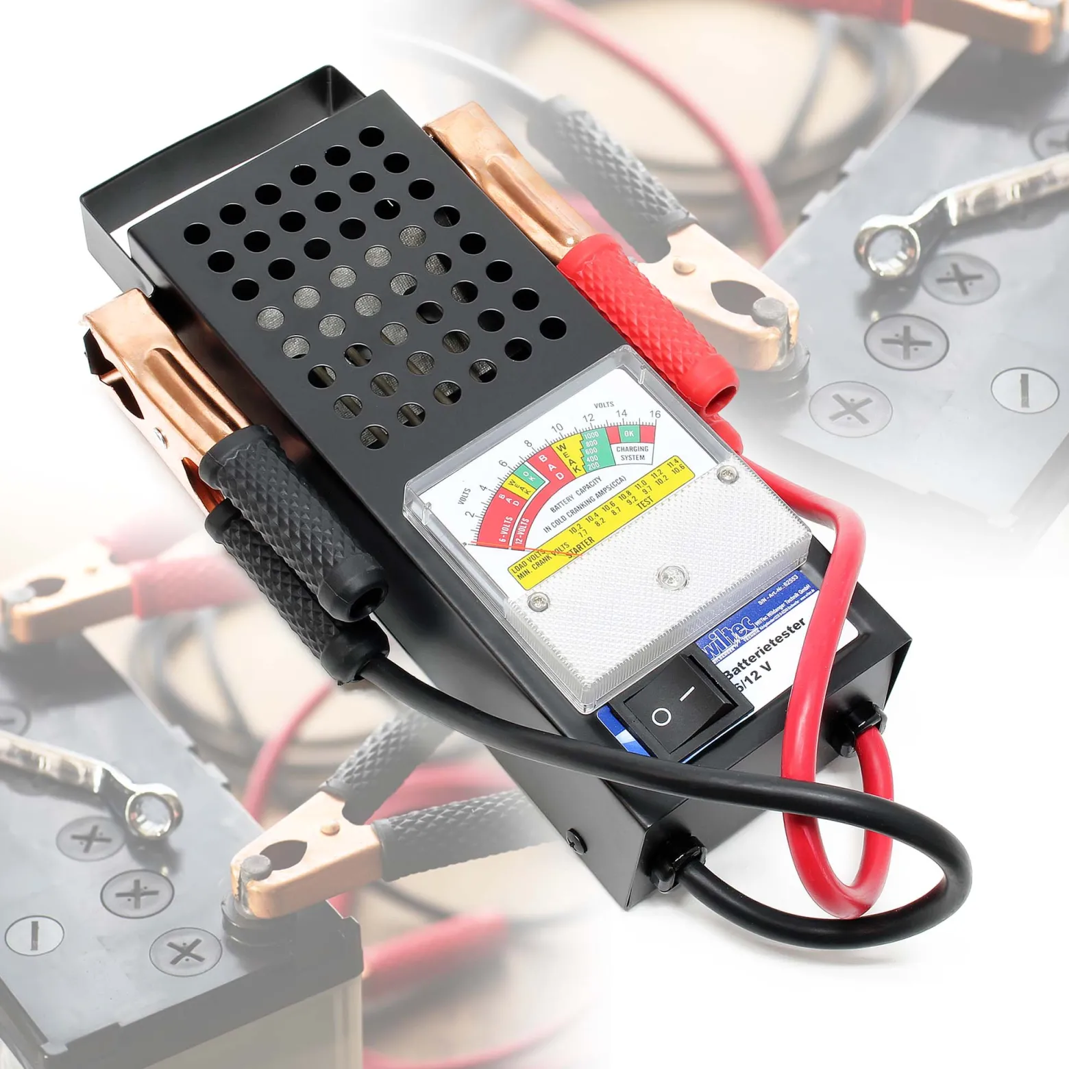 Wiltec Batterietester für 6V und 12V Batterien/Akkus, mit 2 Klemmzangen, justierbarer Skala, Batterieprüfer für Pkw Ladesystem, Lichtmaschine, Anlasser