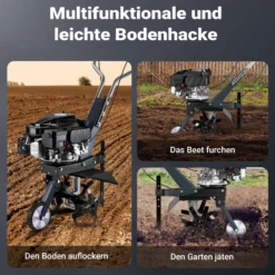 Wiltec Benzin Bodenhacke 36 cm Arbeitsbreite, Gartenhacke mit Motor 144 ccm, Motorhacke 4 Klingen, Bodenfräse mit Antrieb Euro 5, robuste Gartenfräse