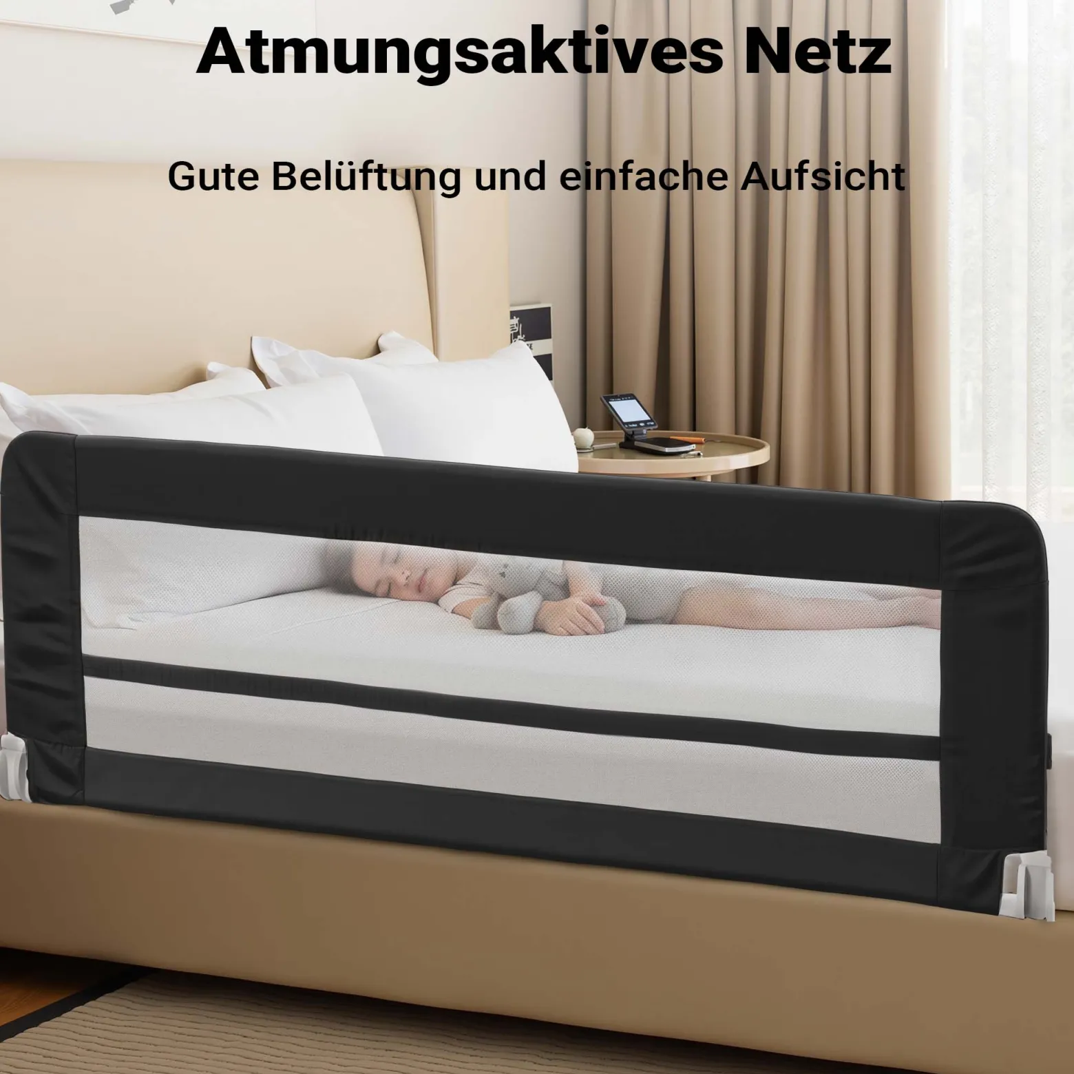 Wiltec Bettschutzgitter 150 x 42 cm, klappbares Bettgitter, Kinder Rausfallschutz aus Nylon und Metall, Absturzsicherung Bett einfache Montage