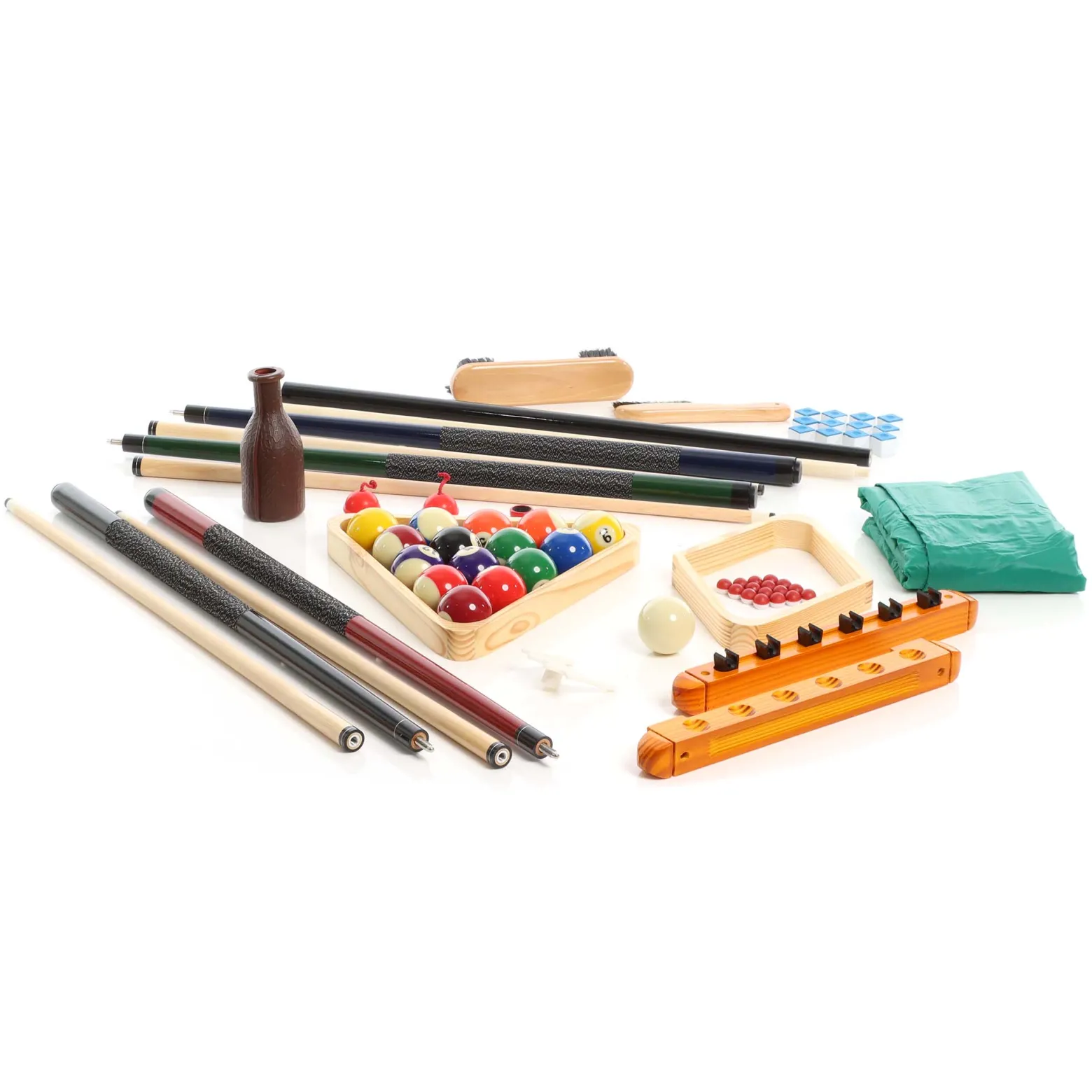 Wiltec Billard Zubehör Komplettset mit 4 Queues, 16 Billardkugeln, Dreieck, Wandhalterung und weiteren Accessoires Pool Billard Kelly Pool Set