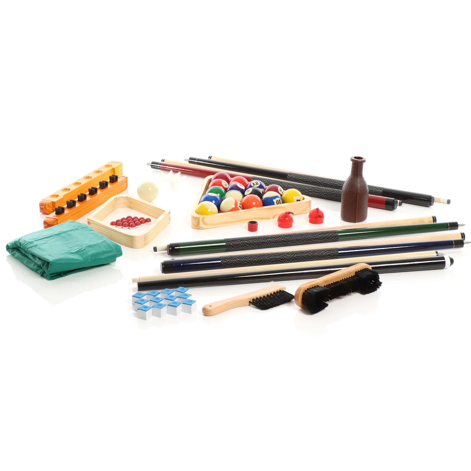Wiltec Billard Zubehör Komplettset mit 4 Queues, 16 Billardkugeln, Dreieck, Wandhalterung und weiteren Accessoires Pool Billard Kelly Pool Set