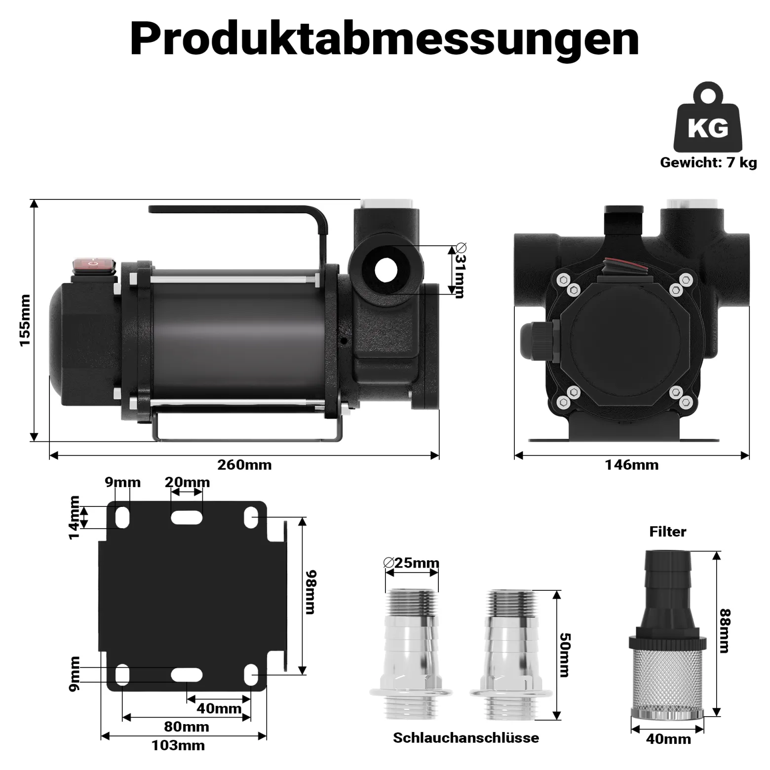 Wiltec Bio Dieselpumpe 12 V, 550 W, 80 l/min, Heizölpumpe selbstansaugend, Absaugpumpe für Diesel, Biodiesel, Heizöl, tragbare mobile Umfüllpumpe